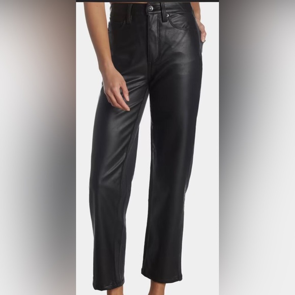 Leather And Recycled Denim High‎ Rise Straight Leg Pants - Picture 1 of 3